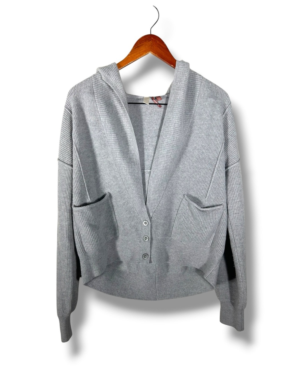 Anthropologie Pilcro Ribbed Light Gray 100% Cashmere Hooded Cardigan Size Small